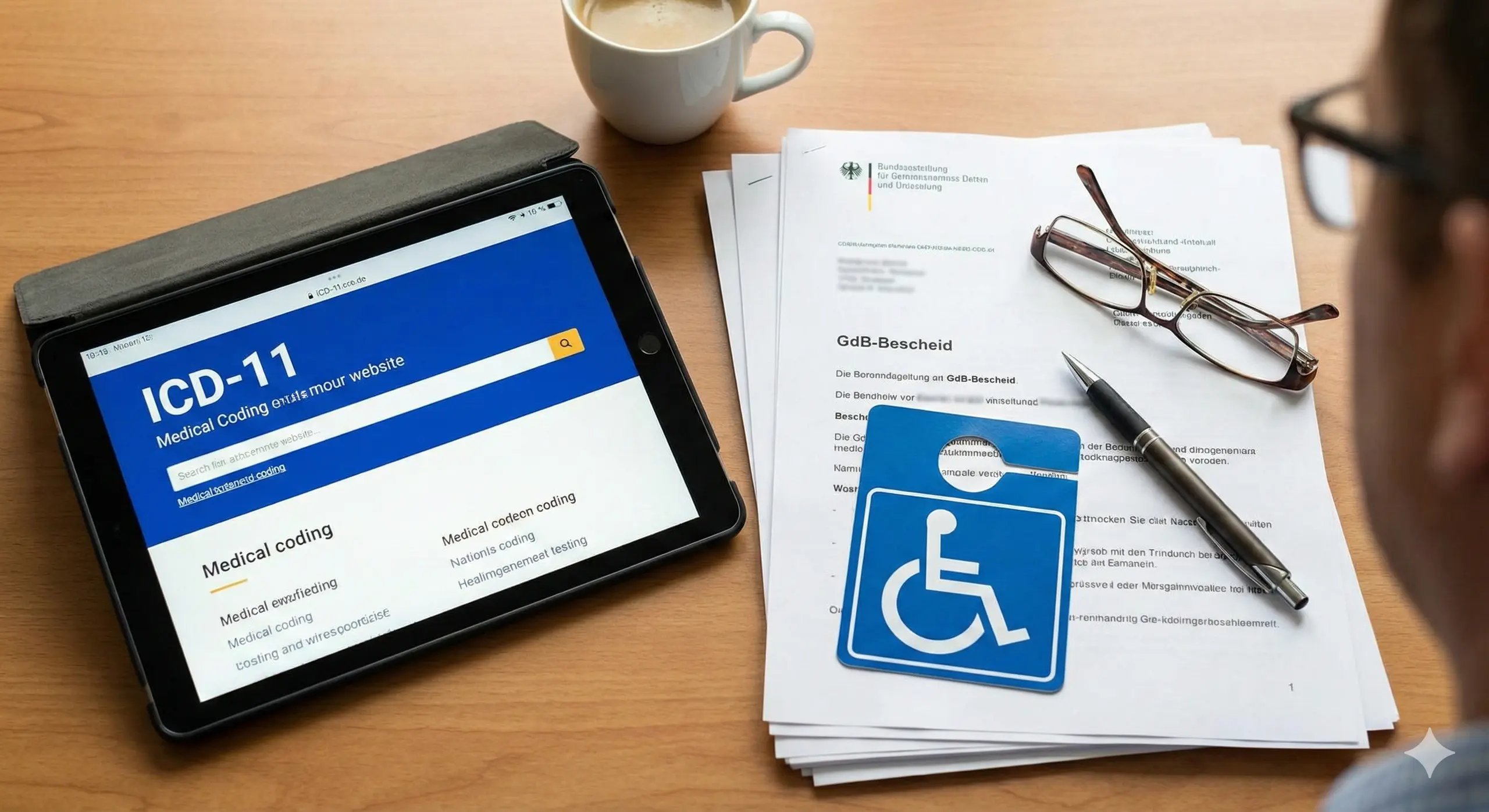Das Bild zeigt den Begriff ICD-11 auf einen Laptop und daneben auf dem Schreibstisch einen Anhänger in blau mit dem weißen Symbol für Behinderung (Rollstuhl als Grafik). 