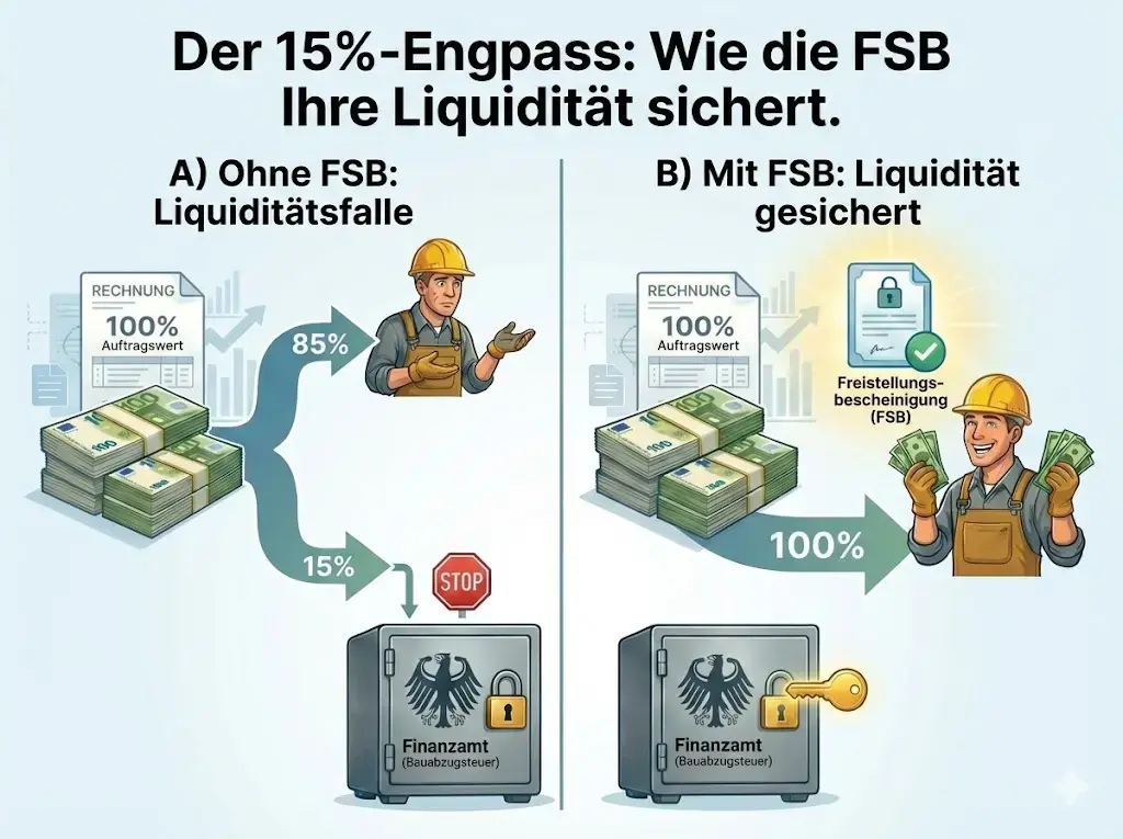 Grafik erläutert den Unterscheid zwischen 15% Bauabzugssteuer einbalten und kein Abzug weil eine Freistellungsbescheinigung vorgelegt wurde.