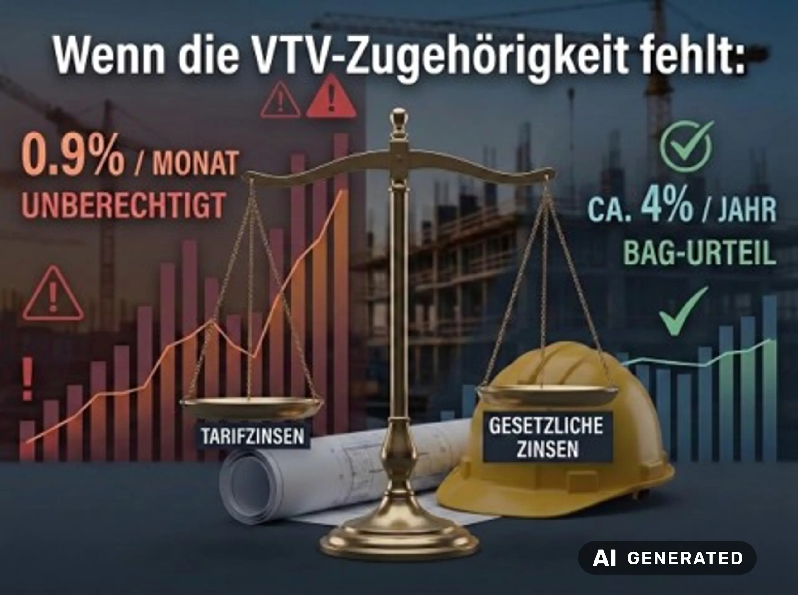 Erklärgrafik zu den SOKA-BAU Zinsforderungen Die Grafik stellt die im VTV festgelegten hohen Zinsforderugen den niedrigen gesetzlichen Zinsforderungen gegenüber. Die Grafik ist KI-generiert.